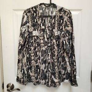 Calvin Klein Black Linen Snake Print Roll Tab Sleeve Button Up Blouse